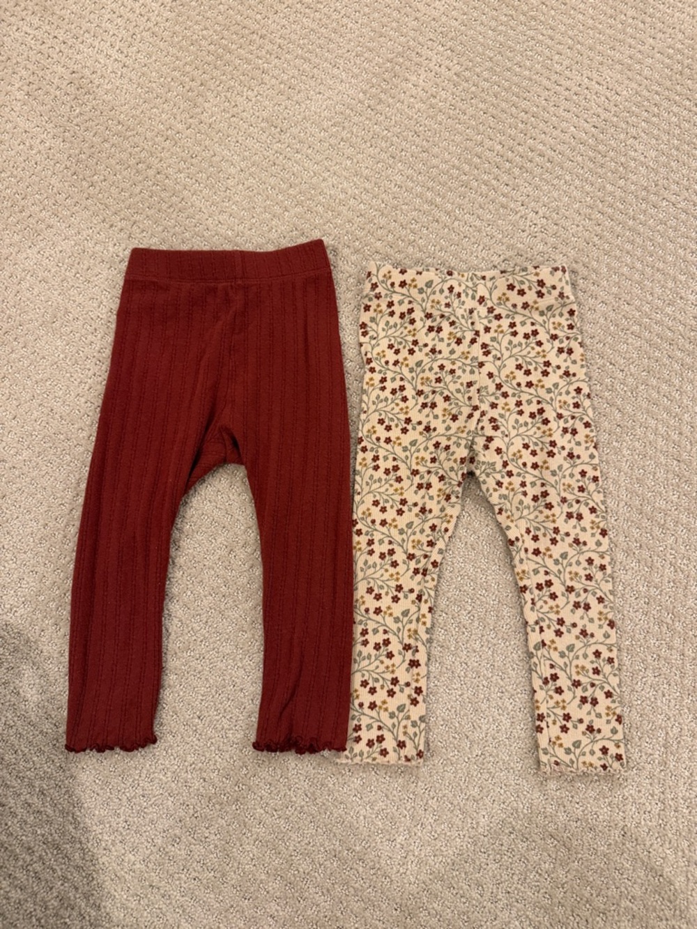 Girls' Ribbed Burgundy Legging & Cream Floral Legging Set